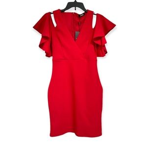🍀Missguided Cold shoulder red ruffle bodycon dress